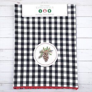 Holiday Table Runner 13x72 Buffalo Plaid Pinecone Winter Black White